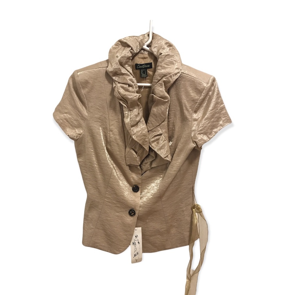 Cartise Gold Button Up Ruffle Front Evening Dressy Blouse Top